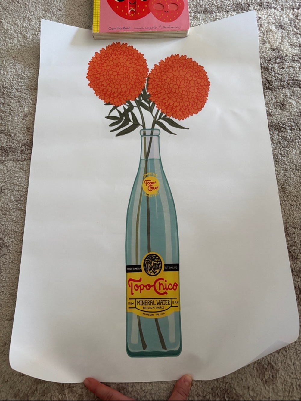Topo Chico Bottle Wall Art Print with Orange Flowers